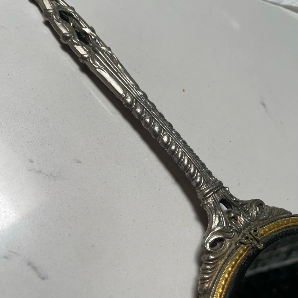 Antique French Gild Beveled Hand Mirror Filigree Floral Scroll 14”